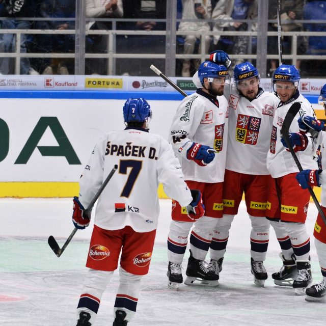 Čeští hokejisté slaví gól Ondřeje Beránka | foto: Patrik Uhlíř,  Profimedia