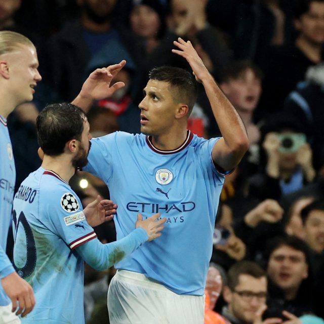 Záložník Manchesteru City Rodri slaví gól proti Bayernu Mnichov | foto: Reuters