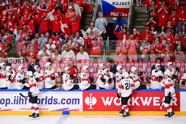 Švýcaři slaví vstřelenou branku v zápase proti Česku | foto: David Taneček,  ČTK